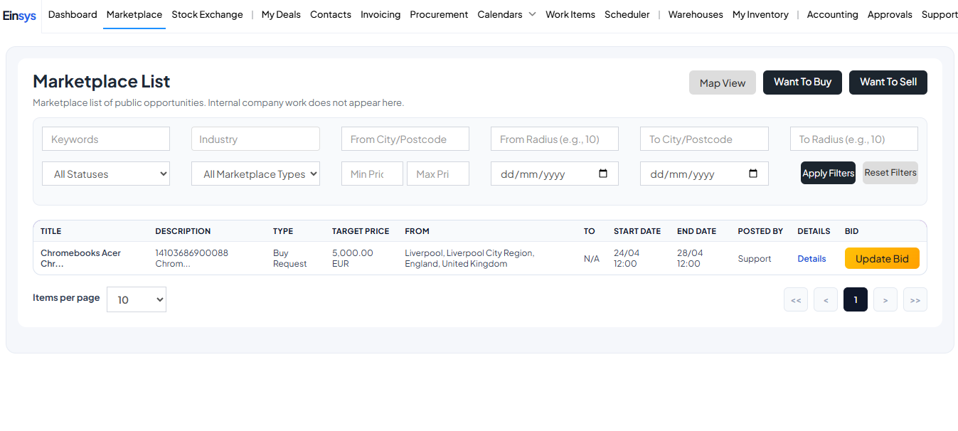Marketplace entry point with buy and sell posting actions.