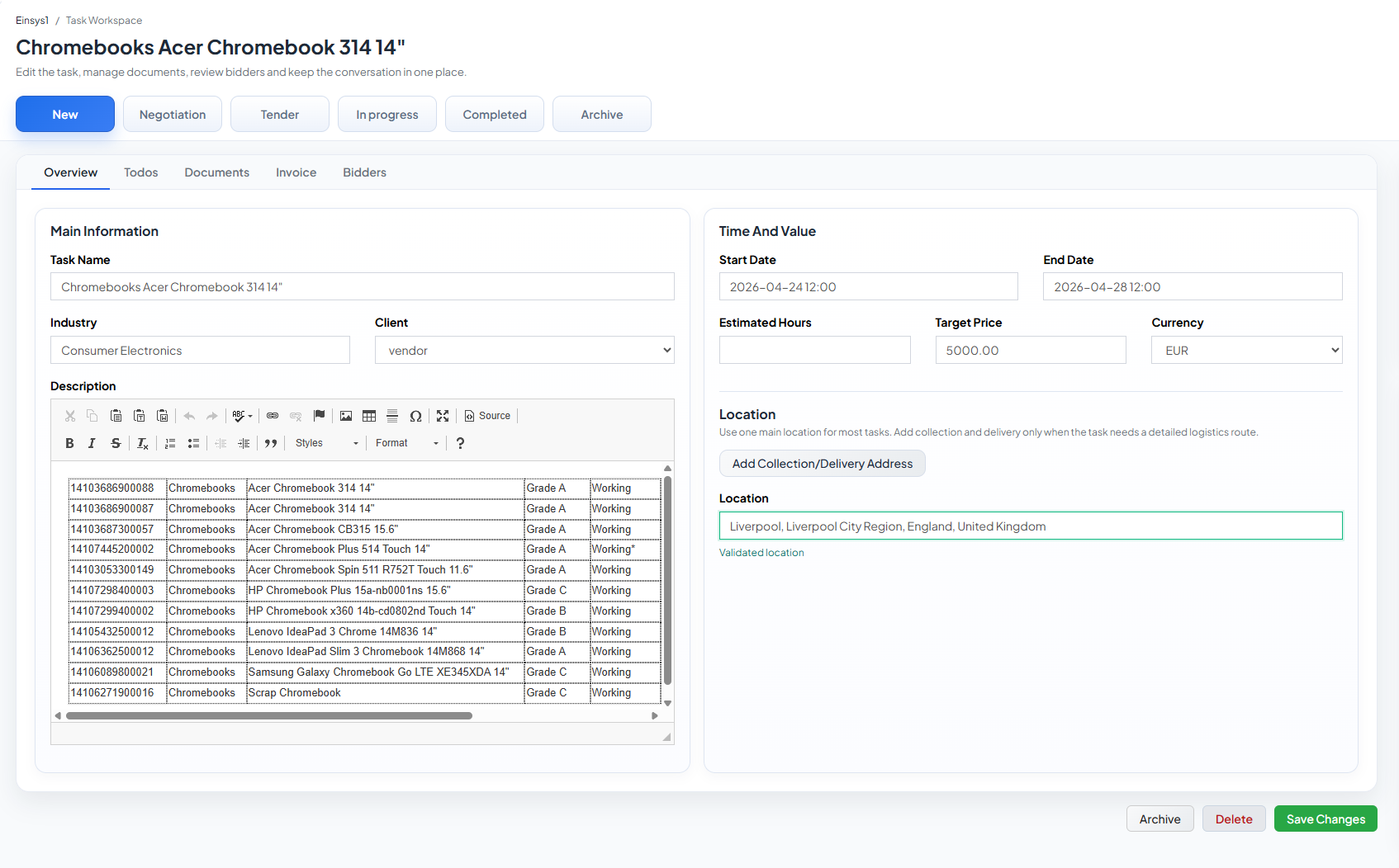 Opportunity posting detail including product, pricing, and location context.