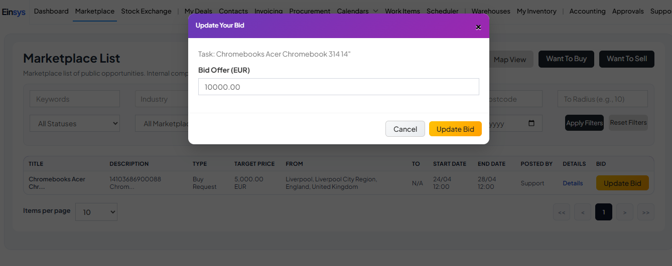 Bid submission flow from marketplace listing.